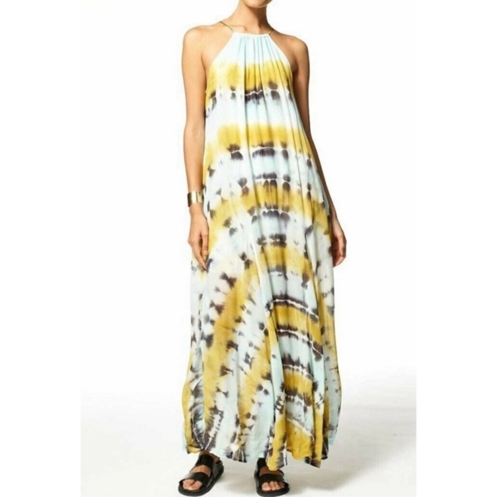 Young Fab & Broke Halter Tie-Dye Maxi Dress in Yellow and White